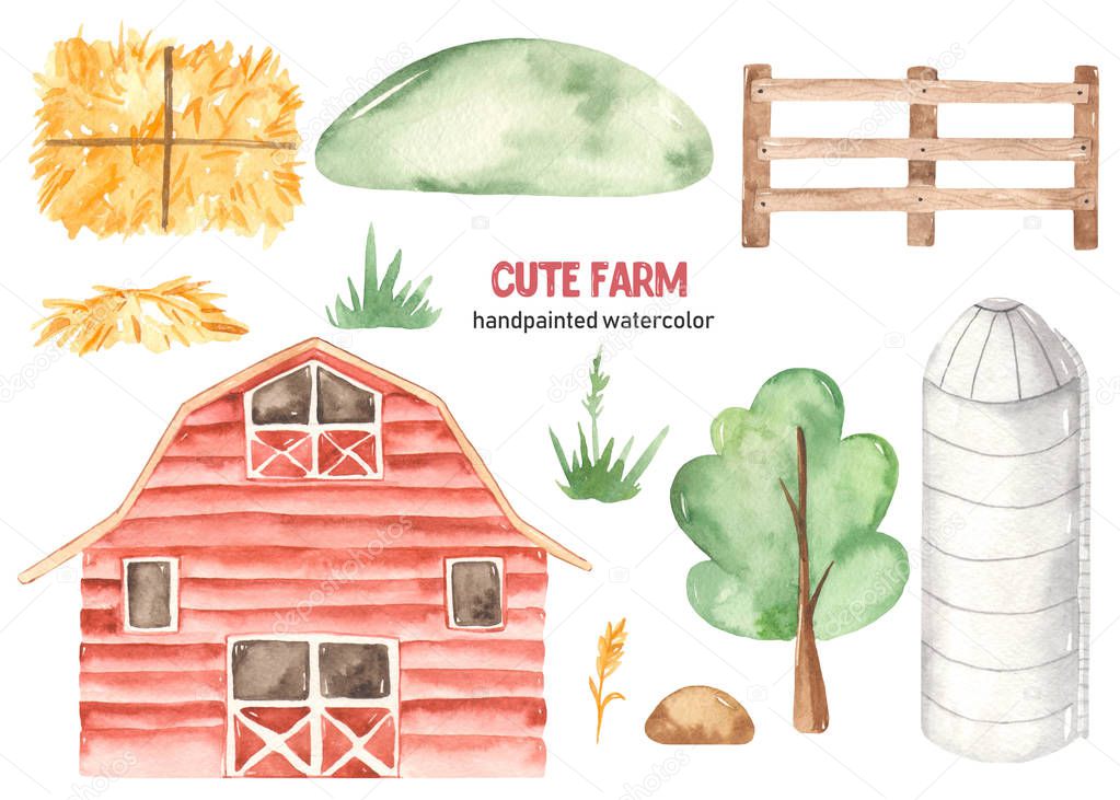 Watercolor cute farm with barn, granary, hay, shovel, wooden fence, hill, tree, grass