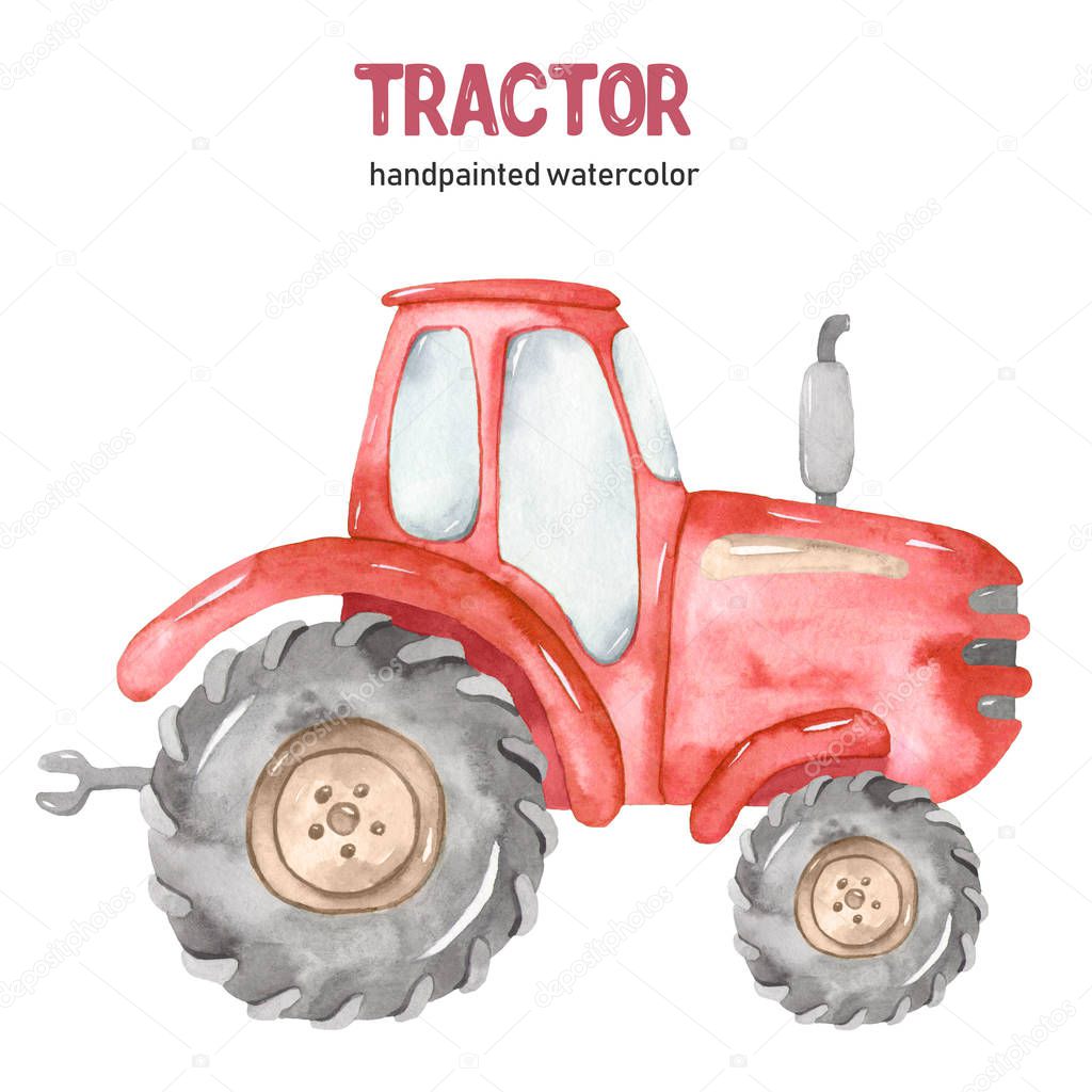 Watercolor red tractor on a white background