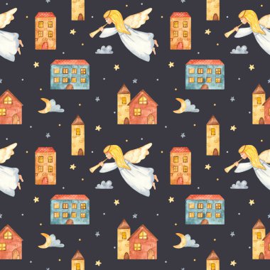 Sulu boyalı Noel melekleri ve trompet ile kusursuz desen