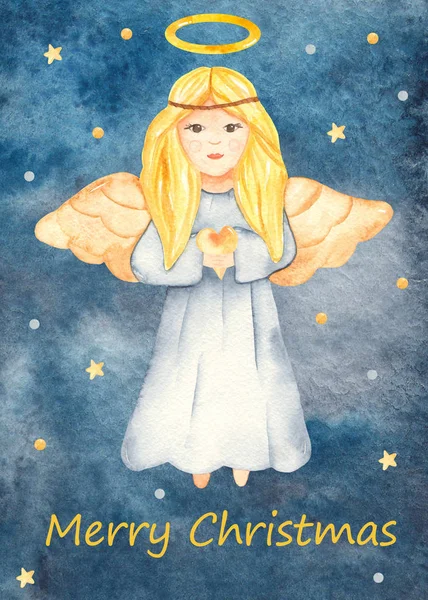 圣诞贺卡上有水彩画可爱的天使和心 — 图库照片