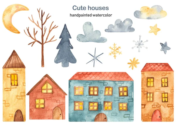 Cute cartoon multi-story houses watercolor clipart — Stock Photo, Image