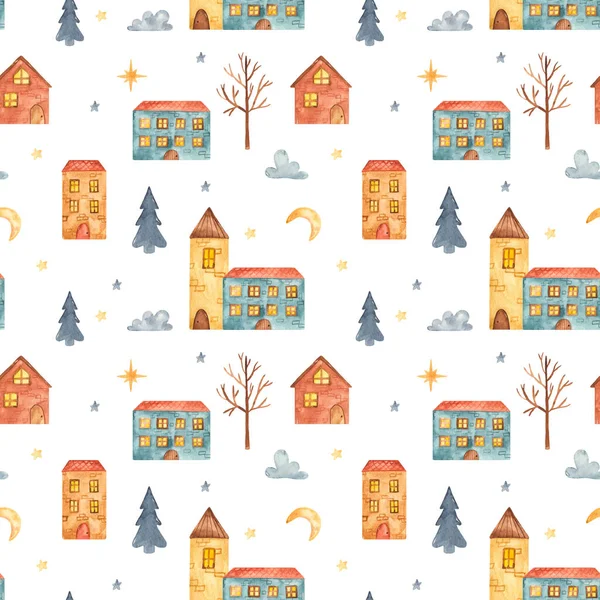 Seamless pattern watercolor city and houses — Φωτογραφία Αρχείου