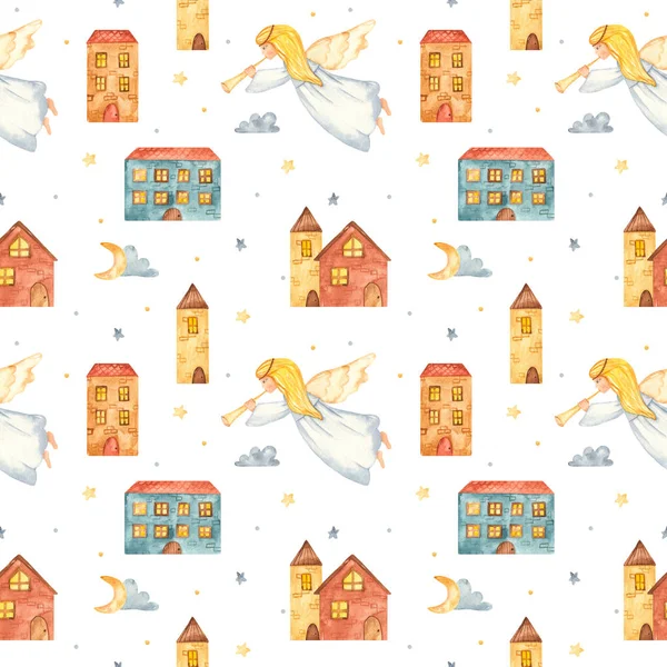 Seamless pattern watercolor Christmas angels with trumpet