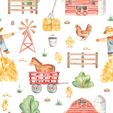 Tatlı çiftlik, korkuluk, saman, rüzgar pompalı suluboya deseni