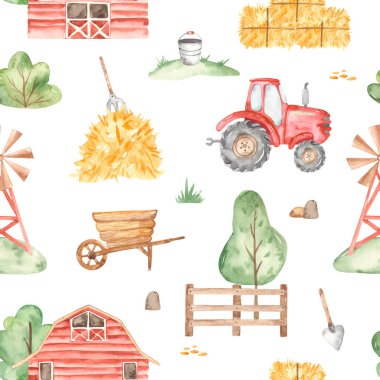 Tatlı çiftlik, traktör, saman, rüzgar pompalı suluboya deseni