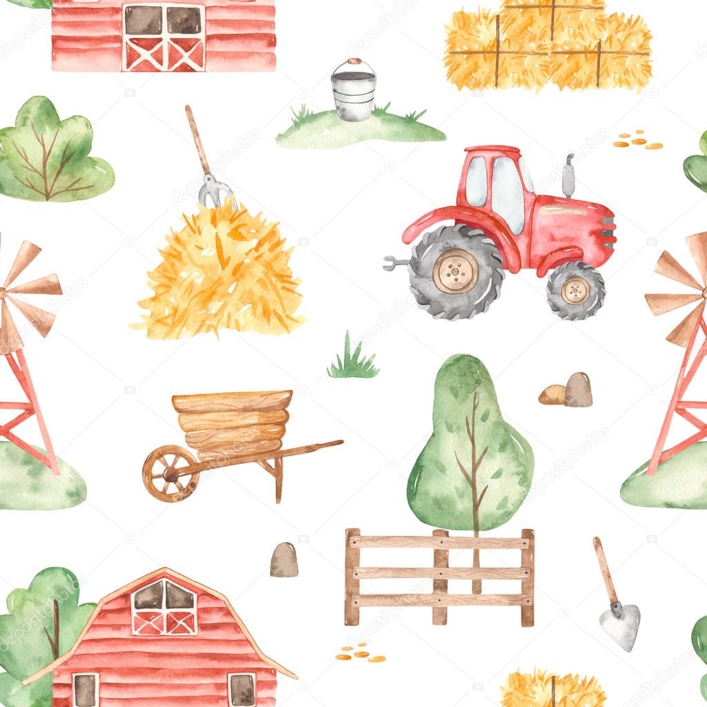 Watercolor seamless pattern with cute farm, tractor, hay, wind pump