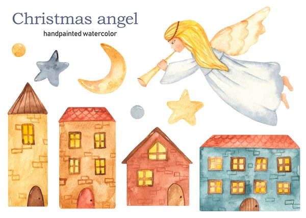 Kerstmis vliegende meisje engel met trompet aquarel clipart — Stockfoto