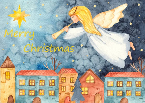 Merry Christmas Postcard with watercolor hand painted angel — Stock Photo, Image