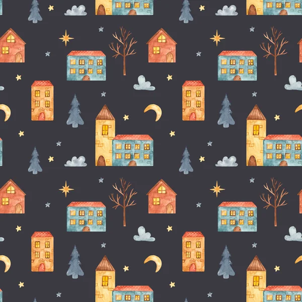 Seamless pattern city and watercolor houses — Stock Photo, Image