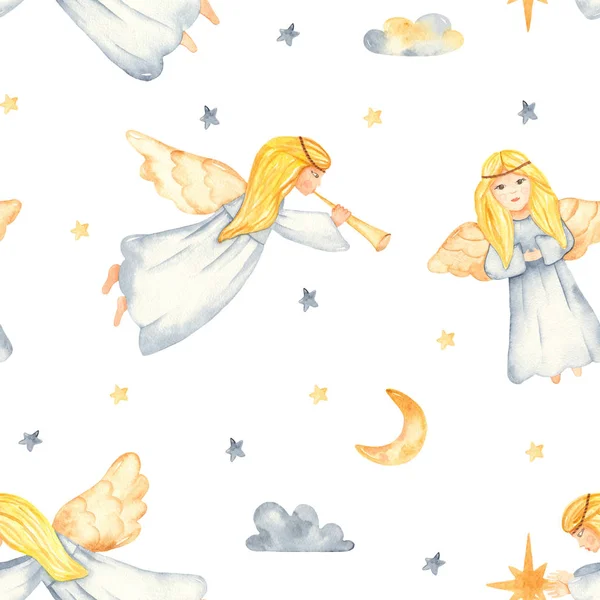 Christmas angels watercolor seamless pattern