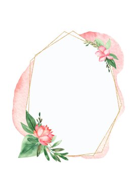 Watercolor polygonal golden frame with tropical plants and watercolor stain clipart