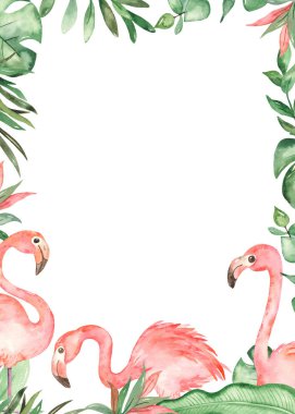 Watercolor rectangular frame with flamingos and tropical leaves clipart