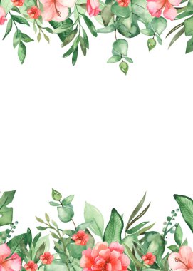 Tropikal yapraklar ve pembe çiçeklerle suluboya dikdörtgen çerçeve