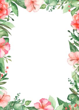 Watercolor rectangular frame with tropical leaves and flowers clipart