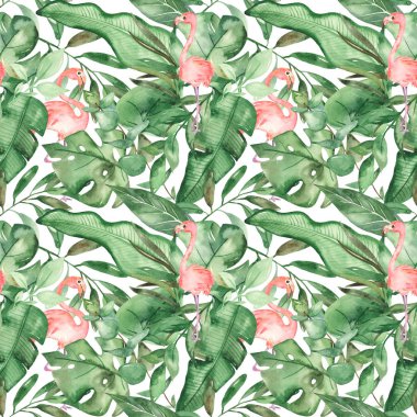 Watercolor seamless pattern with flamingos and large tropical leaves clipart