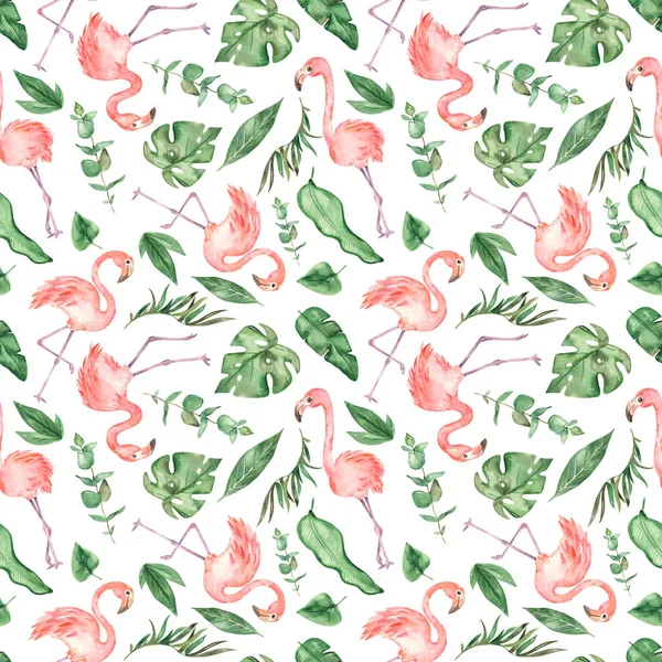 Aquarel multidirectioneel naadloos patroon met flamingo 's en tropische bladeren — Stockfoto