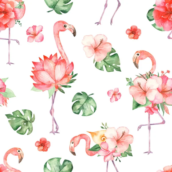 Watercolor seamless pattern flamingos and tropical flowers
