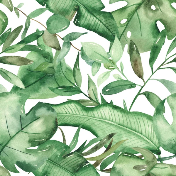 Padrão sem costura aquarela folhas tropicais verdes — Fotografia de Stock