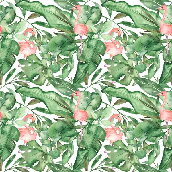 Aquarel naadloos patroon met flamingo 's en grote tropische bladeren — Stockfoto