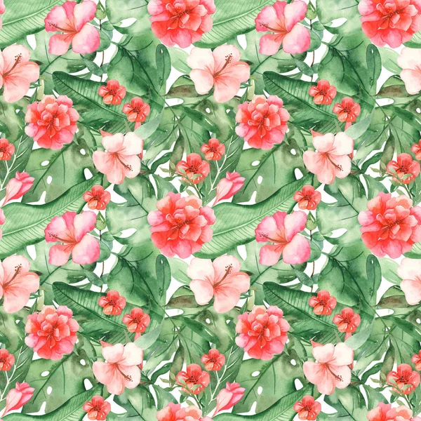 Watercolor seamless pattern with big tropical leaves and flowers