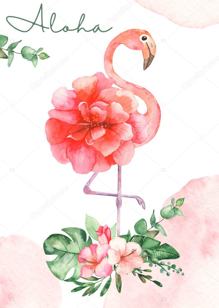 Watercolor card with pink flamingo and tropical plants
