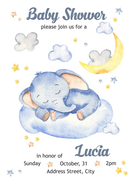 Acquerello baby shower card con sonno carino elefante bambino — Foto Stock