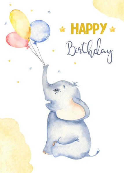 Watercolor card with cute cartoon baby elephant and air balloons