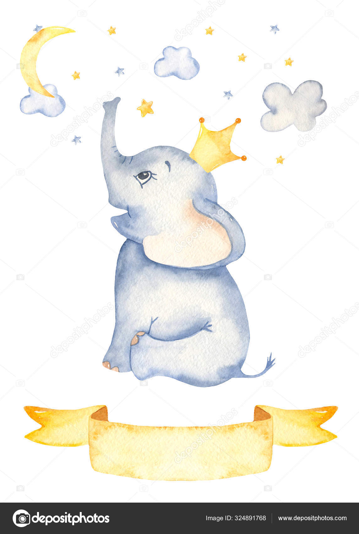 Tarjeta de acuarela con lindo elefante bebé de dibujos animados y cinta  Ilustración de stock #324891768 de ©MarinaErmakova, image size:1143x1700