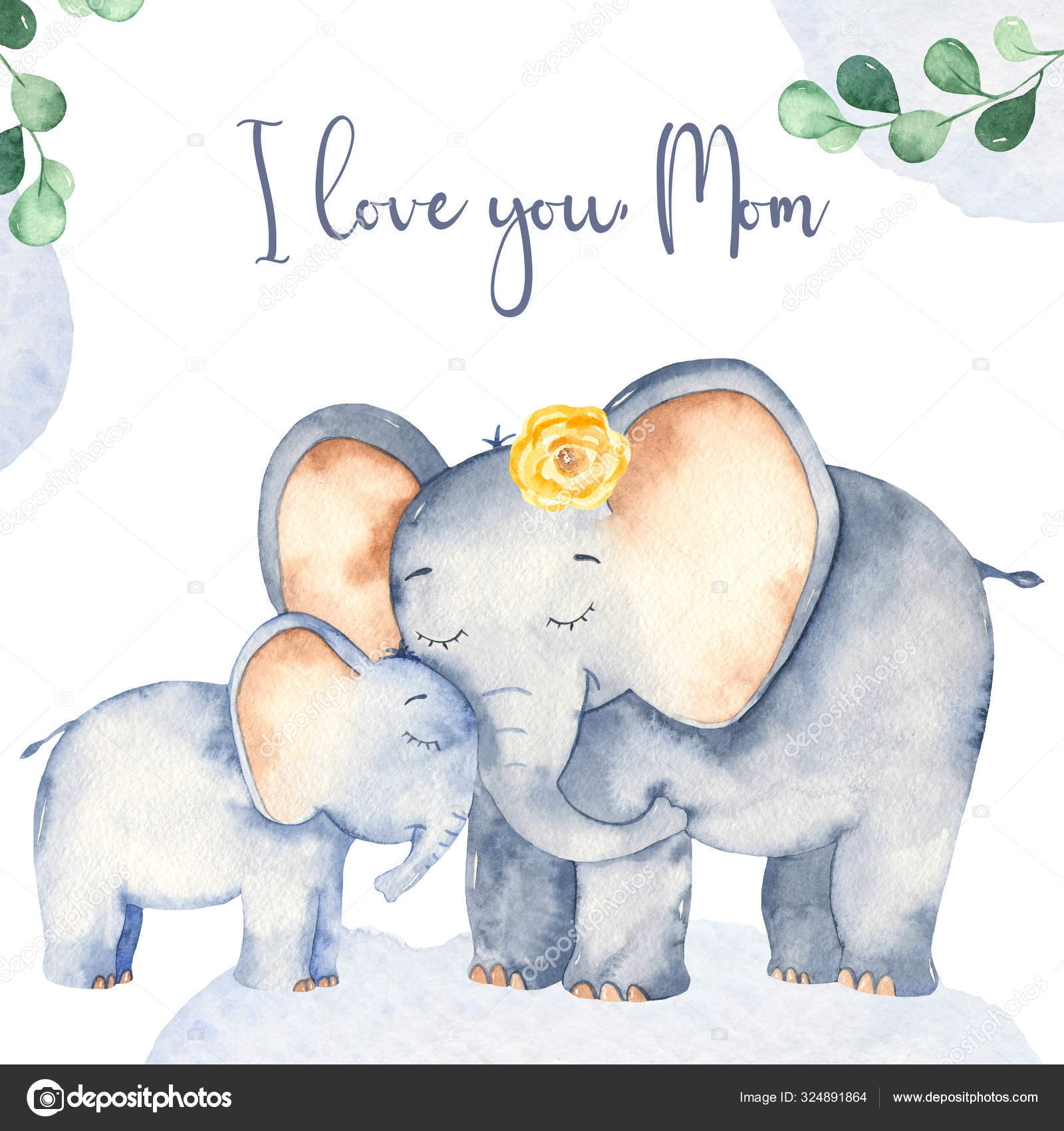 Watercolor Card With Cute Cartoon Mother's Day Elephants Stock Photo By ©Marinaermakova 324891864