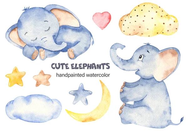 Watercolor cute baby elephants set with clouds, stars, crescent — Stock Photo, Image