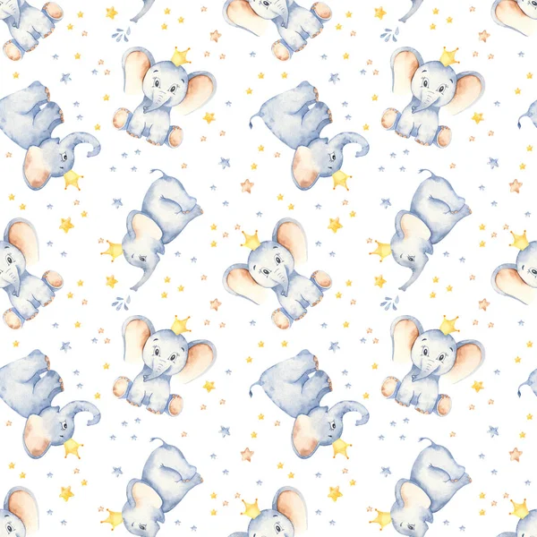 Watercolor multidirectional seamless pattern with cute baby elephants crown and stars — Stockfoto