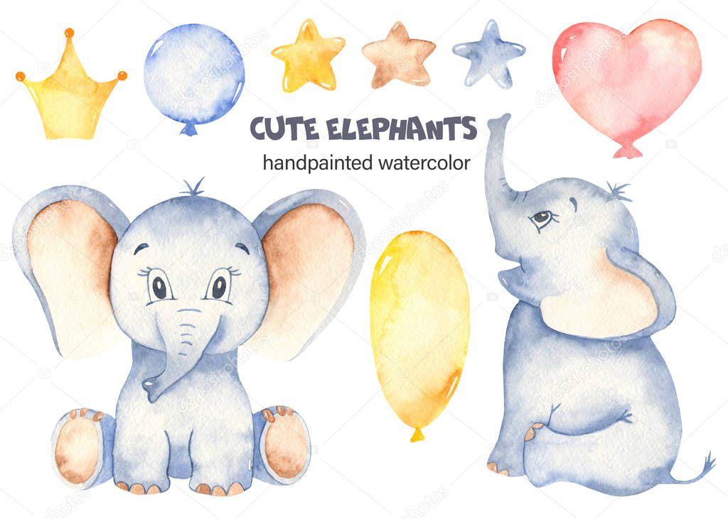 Watercolor cute sitting baby elephants set with balloons