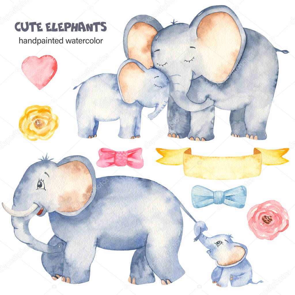 Watercolor cute elephants with baby elephants