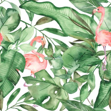 Watercolor seamless pattern with flamingos and large tropical leaves clipart