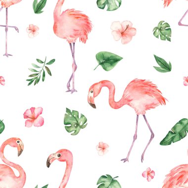 Flamingolar ve tropikal bitkilerle suluboya desenleri
