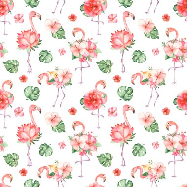 Flamingolar ve tropikal çiçeklerle sulu boya deseni