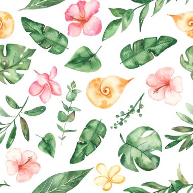 Tropikal bitkilerle suluboya kusursuz desen