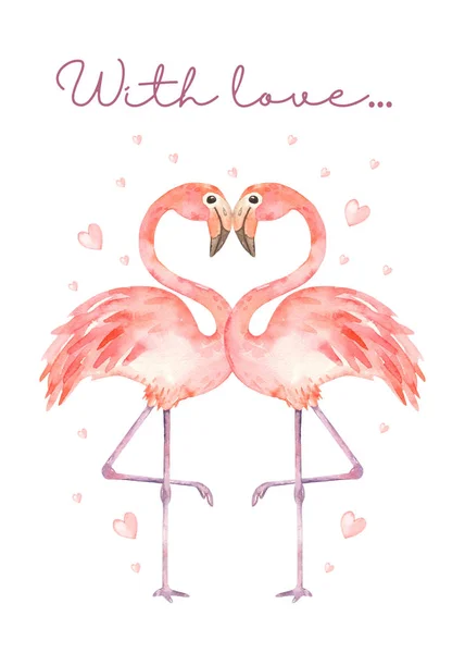 Aquarellkarte mit rosa Lamingos in Liebe und Herzen — Stockfoto