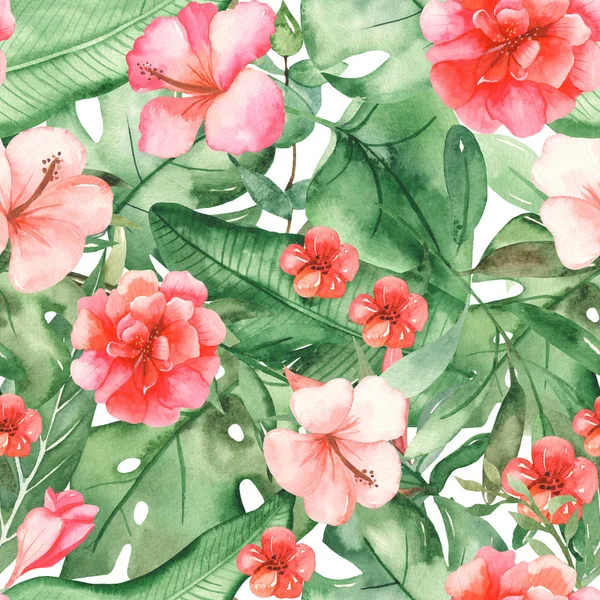 Aquarel naadloos patroon grote tropische bladeren en bloemen — Stockfoto