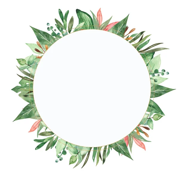 Акварельная круглая рамка с тропическими листьями — стоковое фото