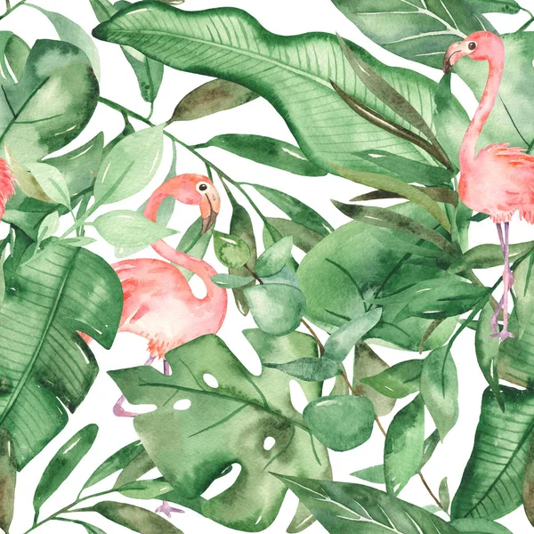 Watercolor seamless pattern with flamingos and large tropical leaves — Stock Photo, Image