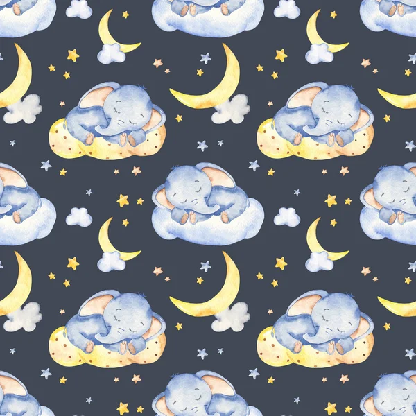 Watercolor seamless pattern with cute baby elephant sleeping on a dark background — 图库照片