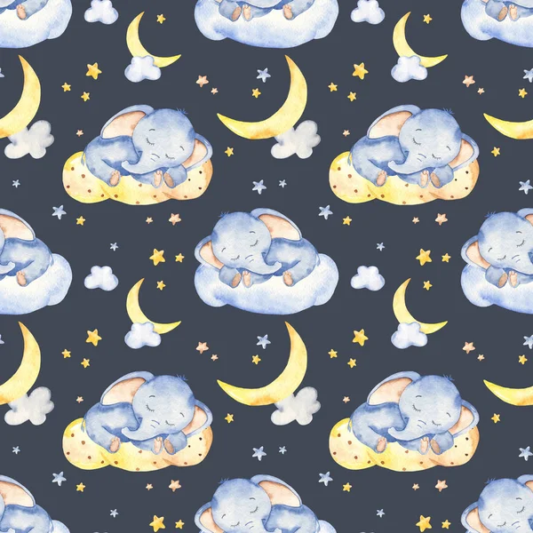 Watercolor seamless pattern with cute baby elephant sleeping on a dark background