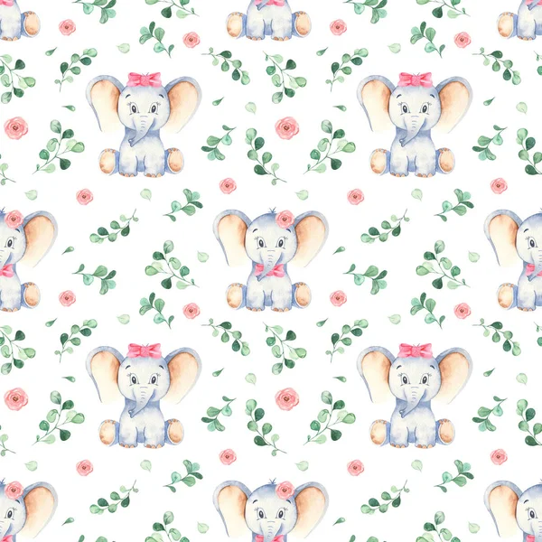 Watercolor seamless pattern with cute little baby girl elephant