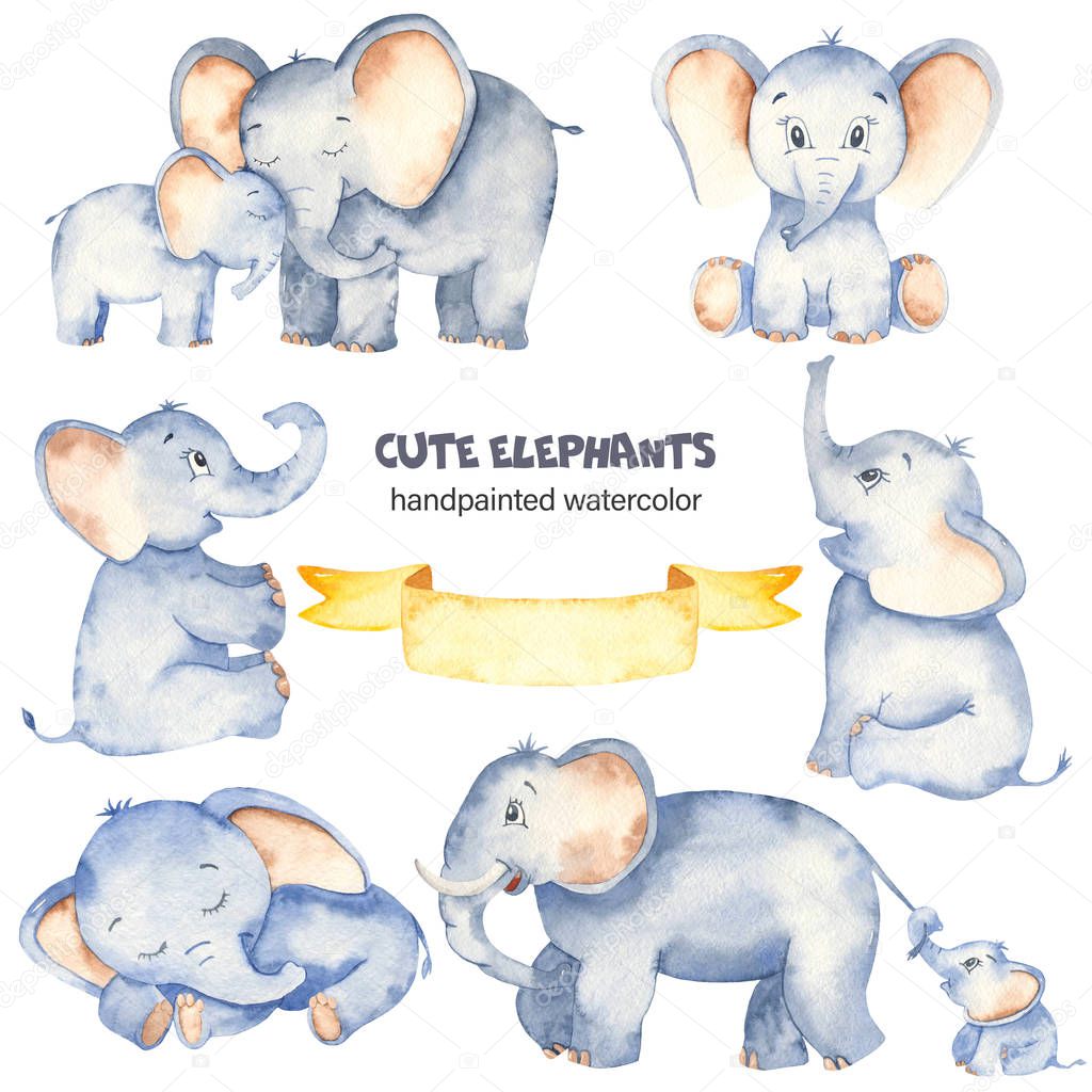 Watercolor set with cute cartoon elephants