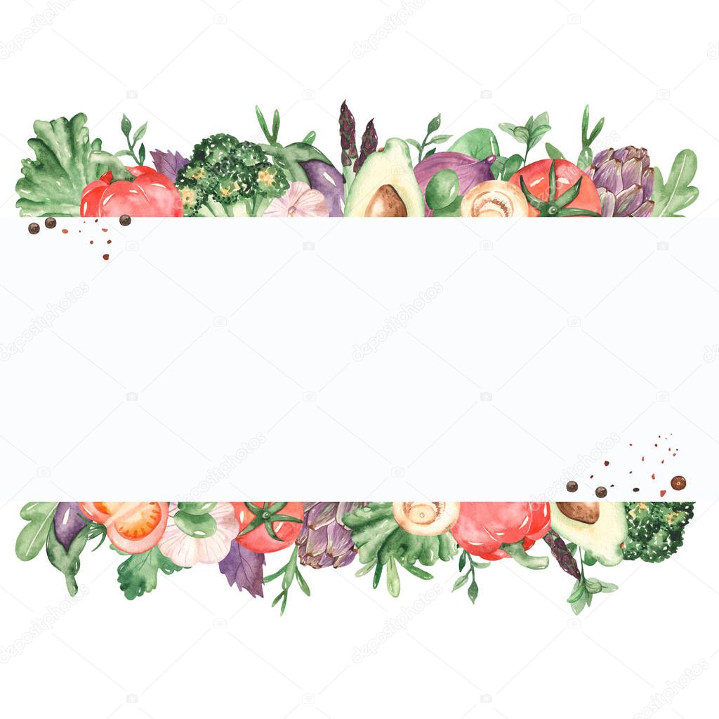Watercolor banner with fresh herbs and vegetables