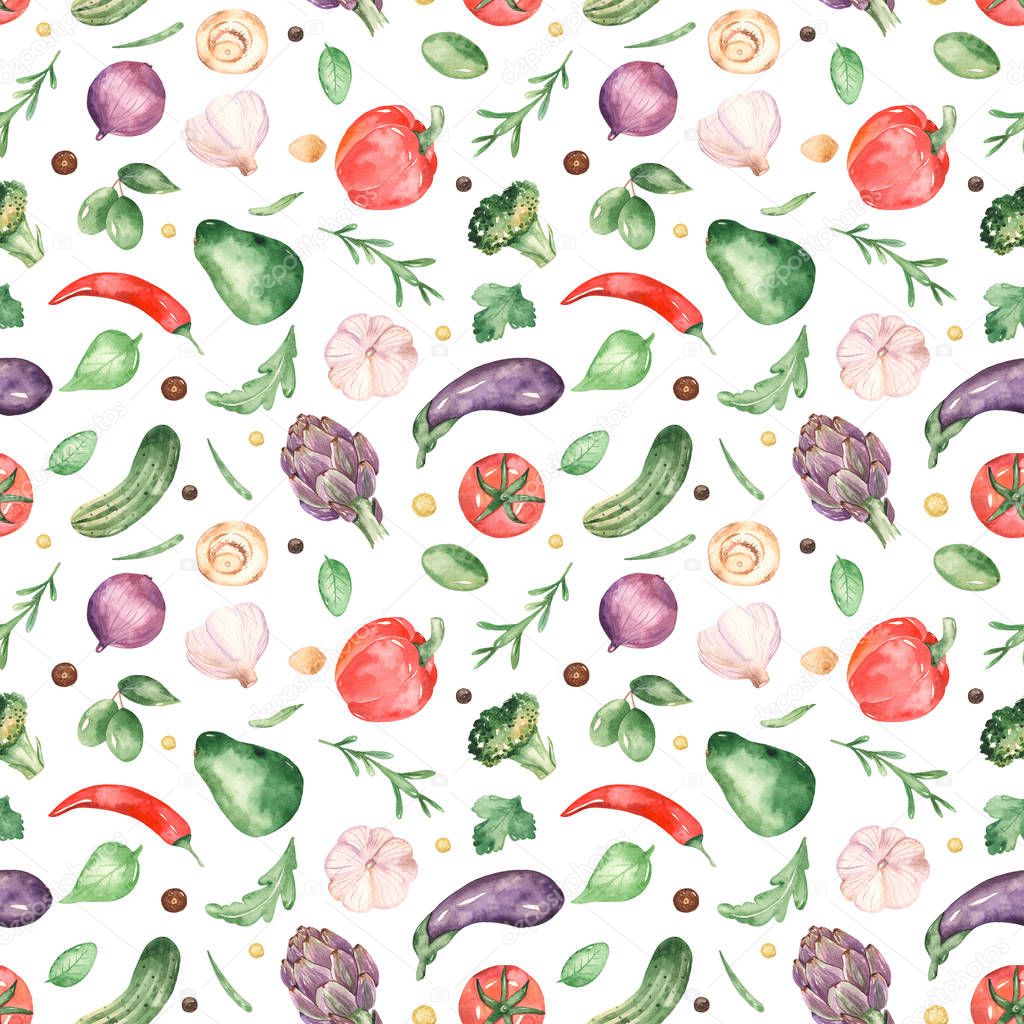 Watercolor seamless pattern with fresh vegetables and herbs