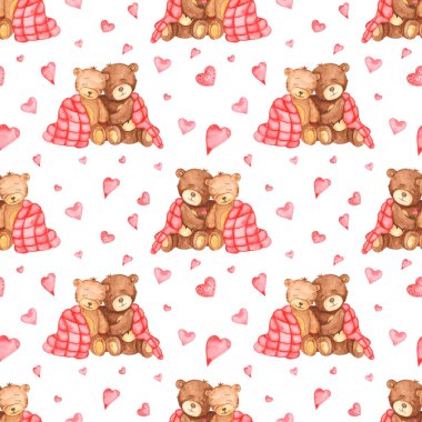 Beyaz arka planda, örtülerin altında sevgililerle suluboya desenler var.