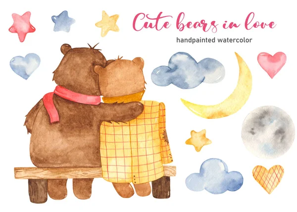 Akvarel kliparty s roztomilými medvědy na lavičce v lásce — Stock fotografie