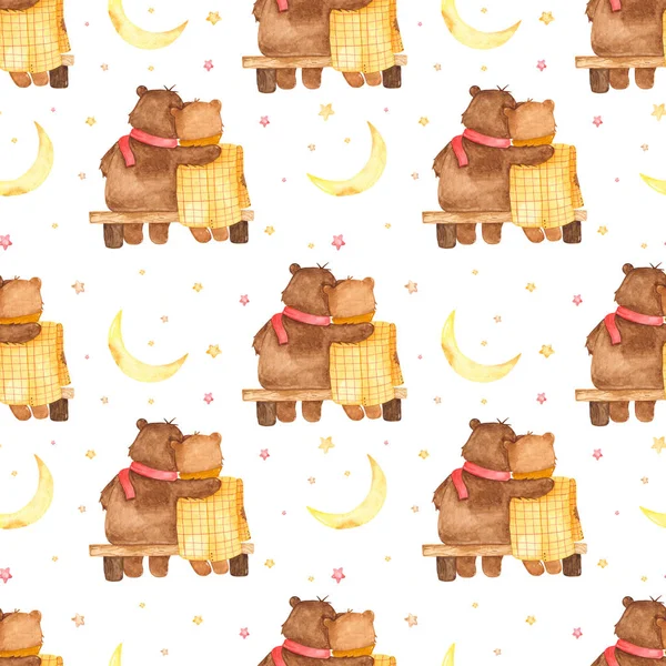 Watercolor seamless pattern with bears in love on a bench on a white background — Stock Photo, Image